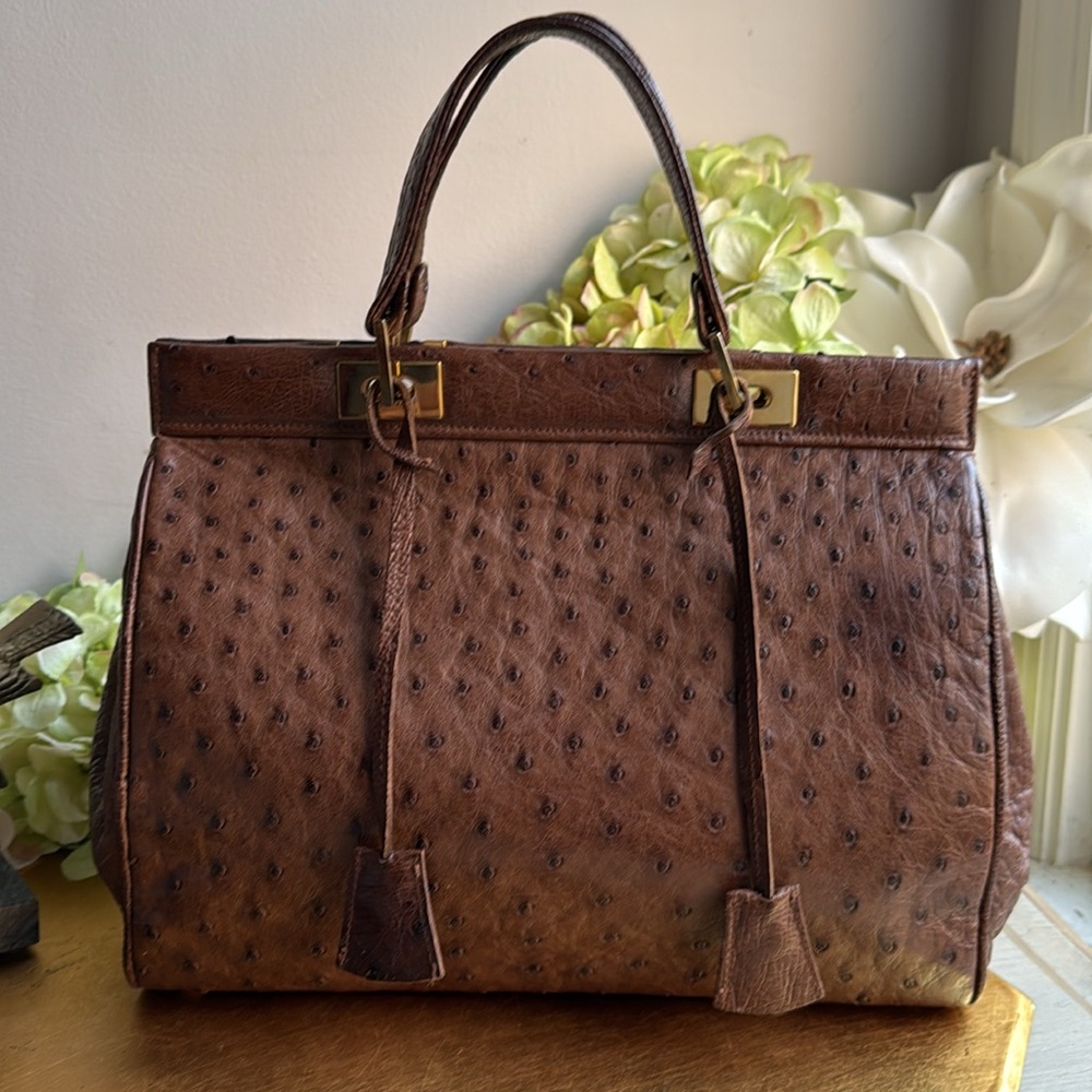 RARE EXOTIC! Scuola del Cuoio School of Leather Italian Ostrich Handbag